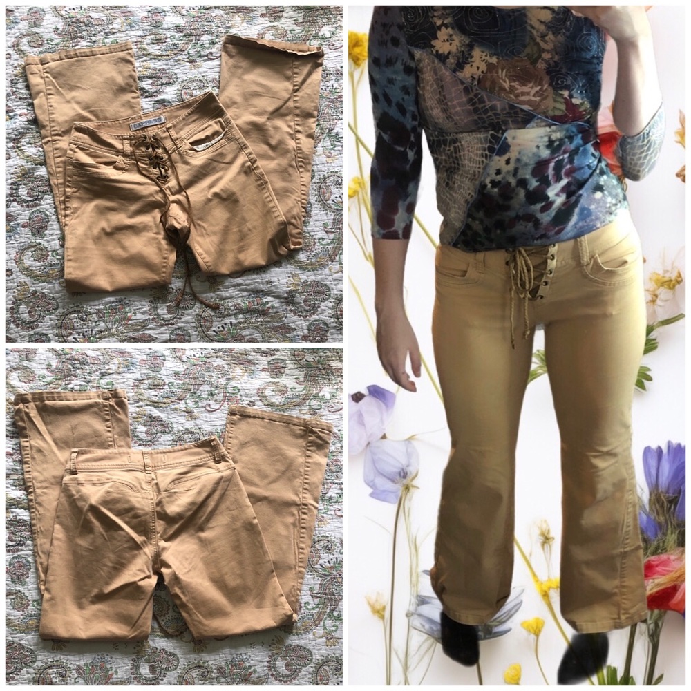 90s vintage tan low-rise super flared jean pants with a lace up corset front